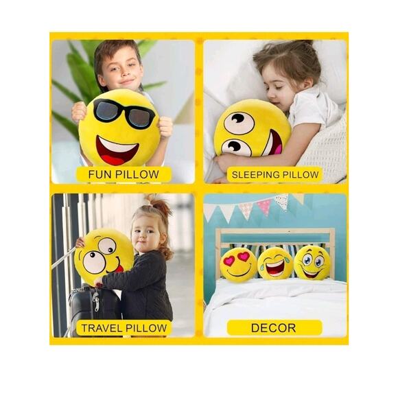 6 Emoji 12" Emoticon Cushion Pillow Round Yellow Stuffed Plush Set Soft Toy - Picture 6 of 7